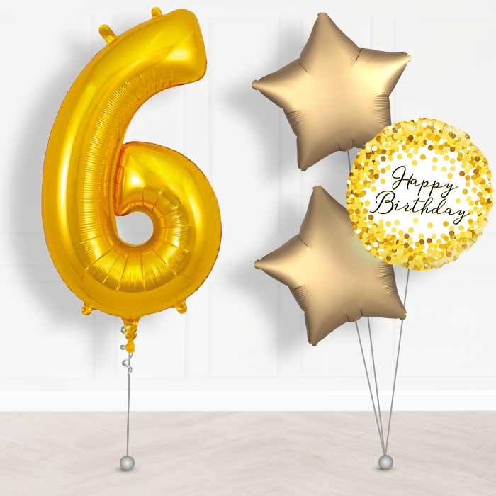 Gold Number 6 Helium Balloon in a Box - Giant Number and 3 Balloons | Party Save Smile