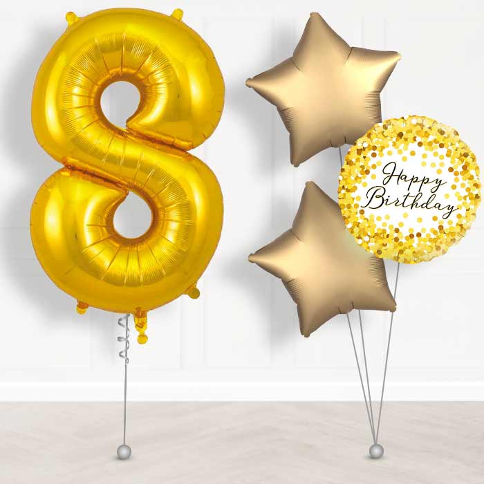 Gold Number 8 Helium Balloon in a Box - Giant Number and 3 Balloons | Party Save Smile