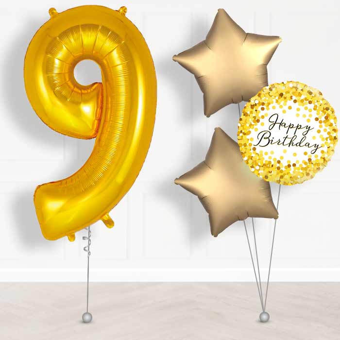 Gold Number 9 Helium Balloon in a Box - Giant Number and 3 Balloons | Party Save Smile