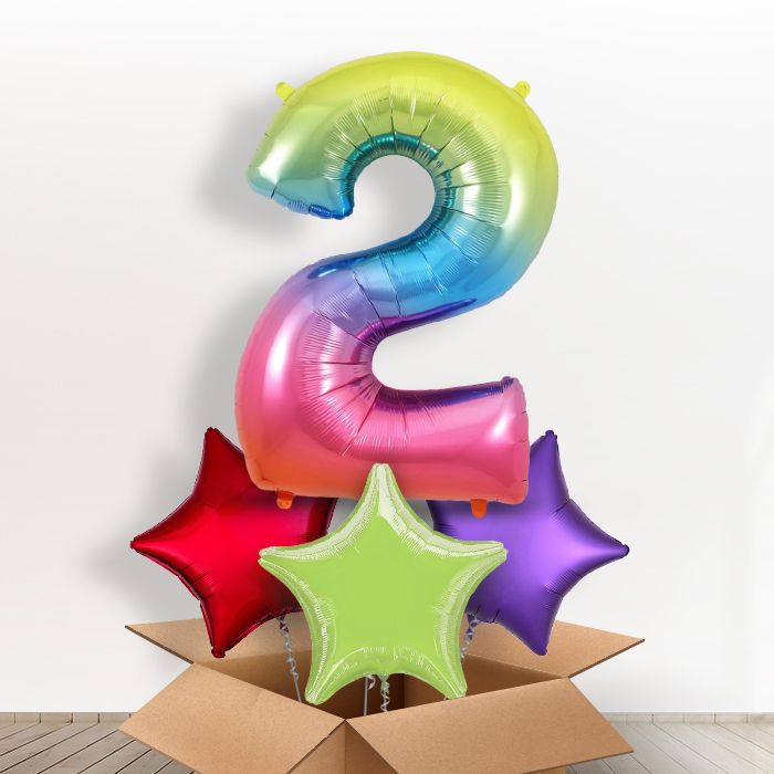 Rainbow 2 Balloon in a Box: 2nd Birthday Number Balloons - Giant Number and 3 Balloons | Party Save Smile