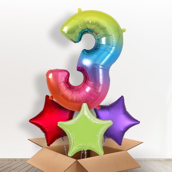 Rainbow Number 3 Helium Balloon in a Box - Giant Number and 3 Balloons | Party Save Smile