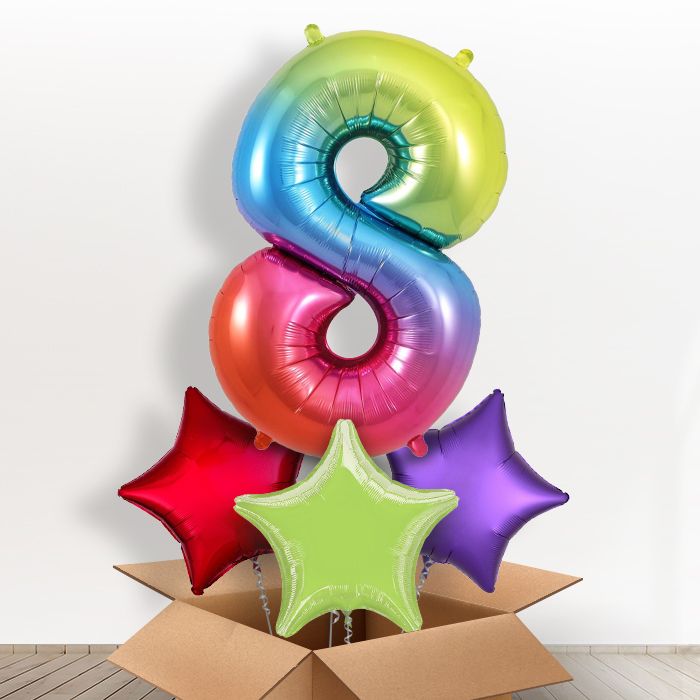 Number 8 Helium Balloon in a Box - Rainbow - Giant Number and 3 Balloons | Party Save Smile