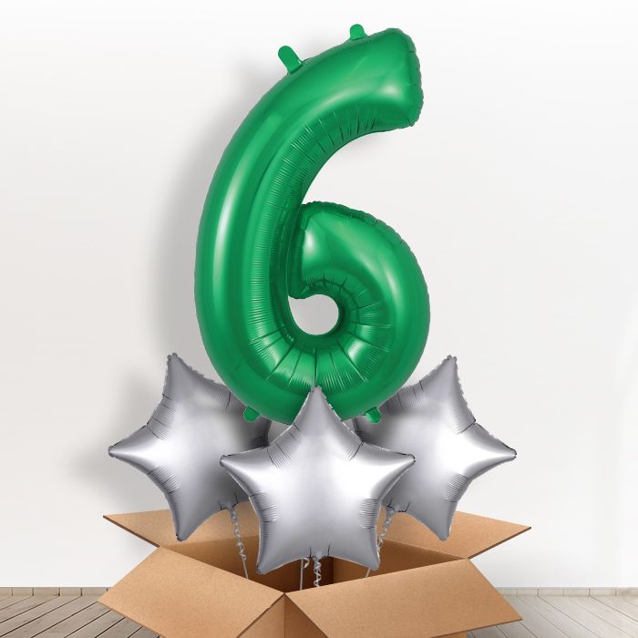 Green Number 6 Helium Balloon in a Box - Giant Number and 3 Balloons | Party Save Smile