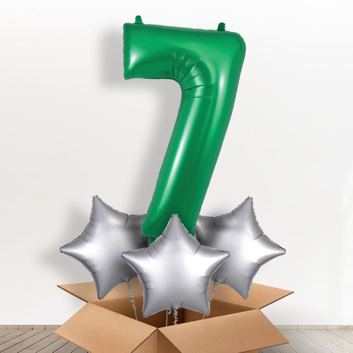 Green Number 7 Helium Balloon in a Box - Giant Number and 3 Balloons | Party Save Smile