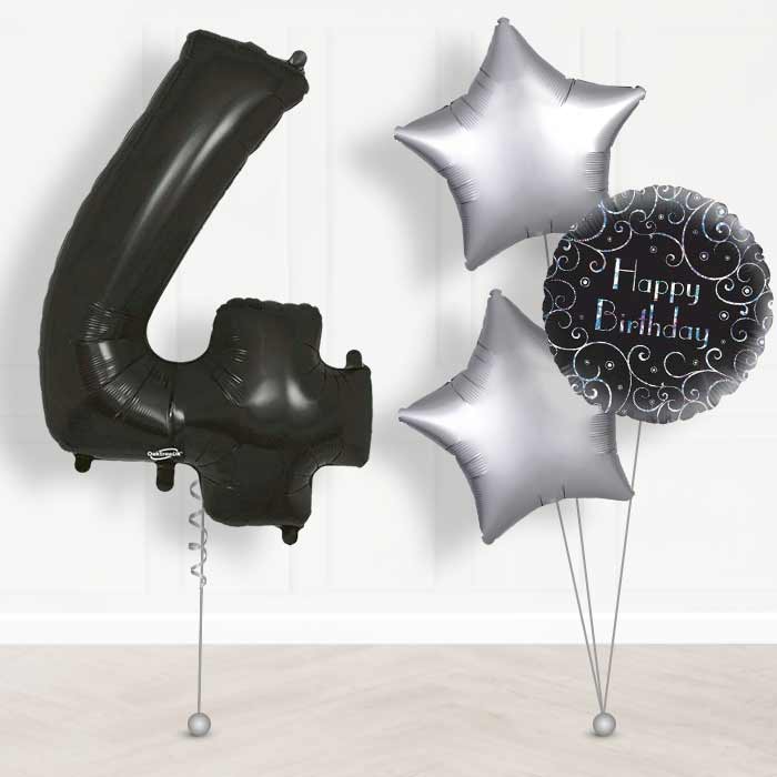 Black Number 4 Helium Balloon in a Box - Giant Number and 3 Balloons | Party Save Smile