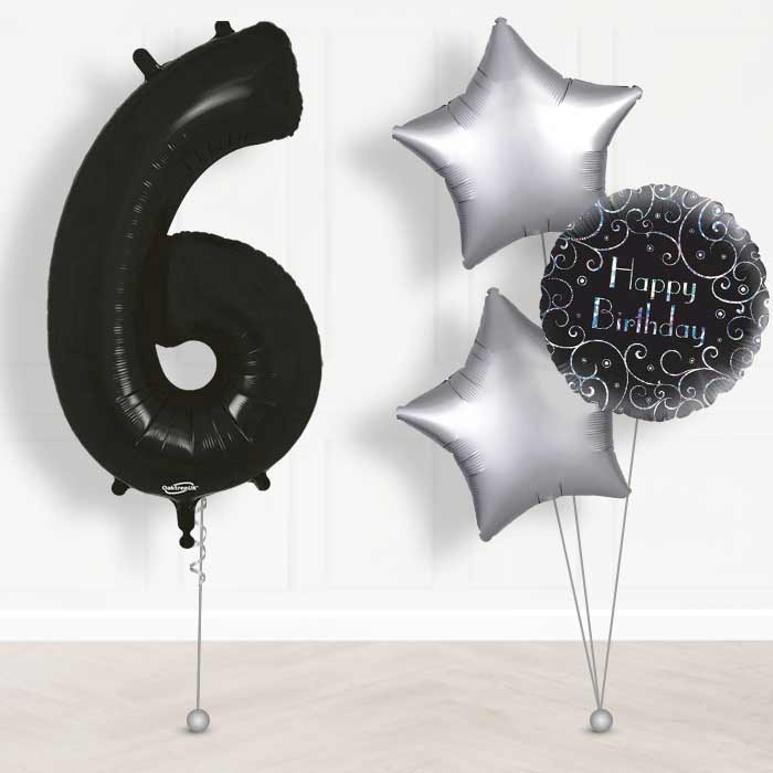 Black Number 6 Helium Balloon in a Box - Giant Number and 3 Balloons | Party Save Smile
