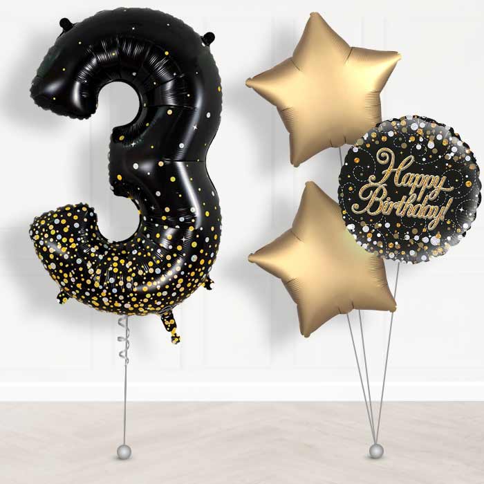 Black and Gold Number 3 Helium Balloon in a Box - Giant Number and 3 Balloons | Party Save Smile