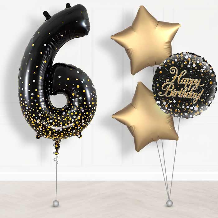 Black and Gold Number 6 Helium Balloon in a Box - Giant Number and 3 Balloons | Party Save Smile