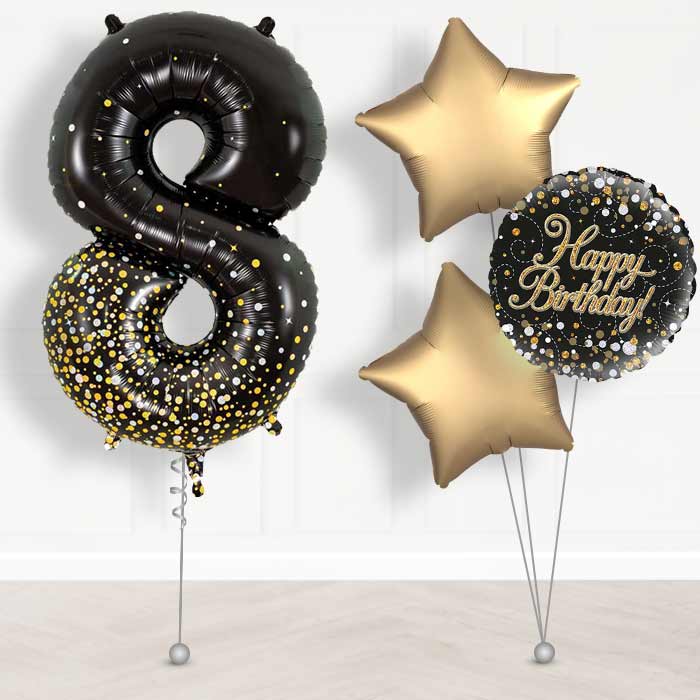 Black and Gold Number 8 Helium Balloon in a Box - Giant Number and 3 Balloons | Party Save Smile