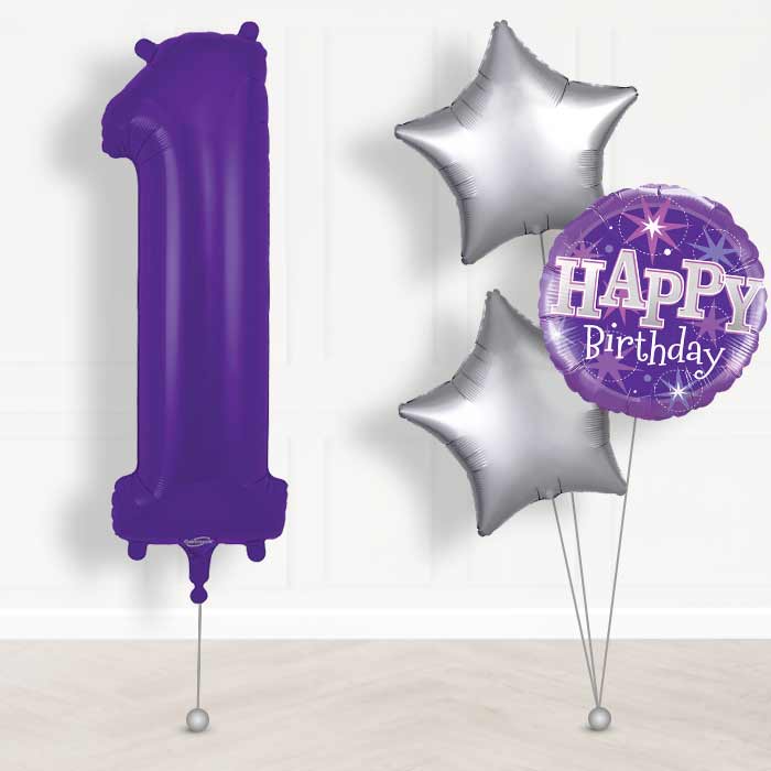 Purple Number 1 Helium Balloon in a Box - Giant Number and 3 Balloons | Party Save Smile
