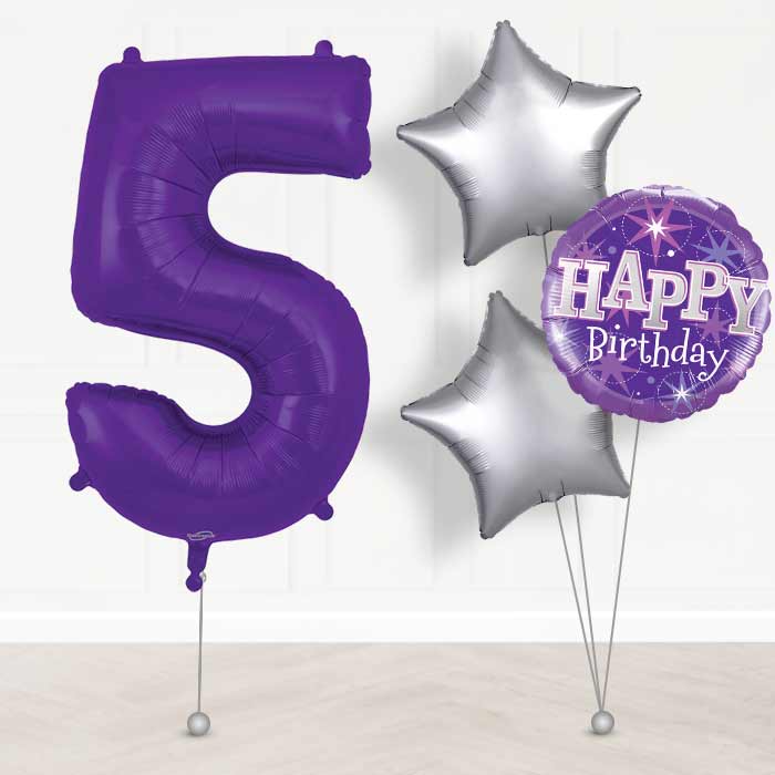 Purple Number 5 Helium Balloon in a Box - Giant Number and 3 Balloons | Party Save Smile