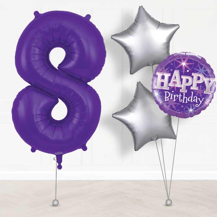 Purple Number 8 Helium Balloon in a Box - Giant Number and 3 Balloons | Party Save Smile