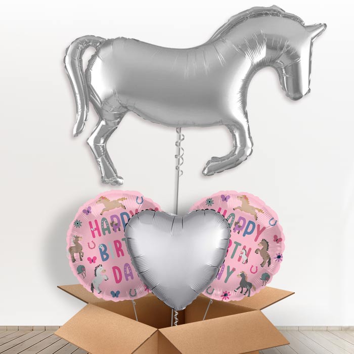 Silver Horse Shaped Helium Balloon in a Box - 1 x Giant Balloon with Mixed Balloons |Party Save Smile
