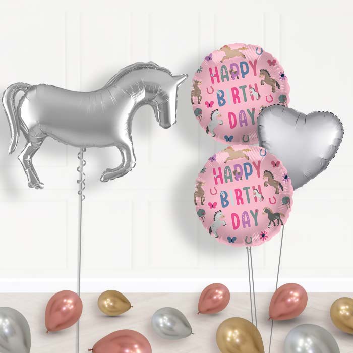 Silver Horse Shaped Balloon Bouquet Delivery - 1 x Giant Balloon with Mixed Bouquet and Latex | Party Save Smile