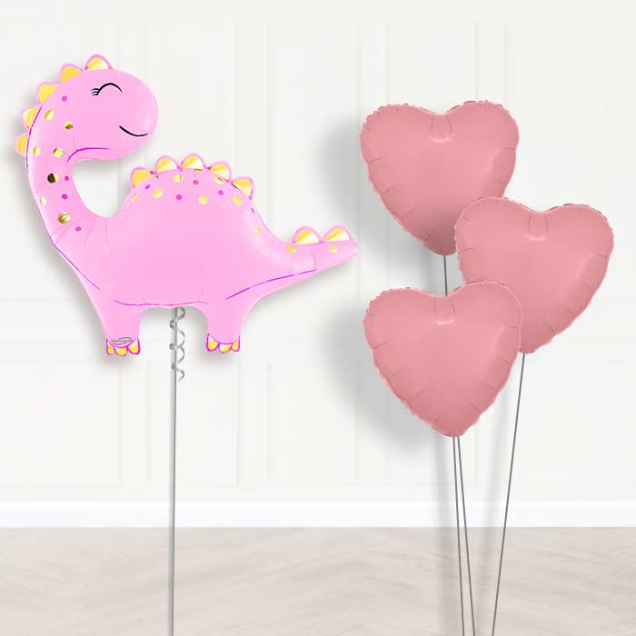 Pink Cute Dinosaur Balloon Bouquet Delivery - 1 x Giant Balloon with Plain Bouquet | Party Save Smile