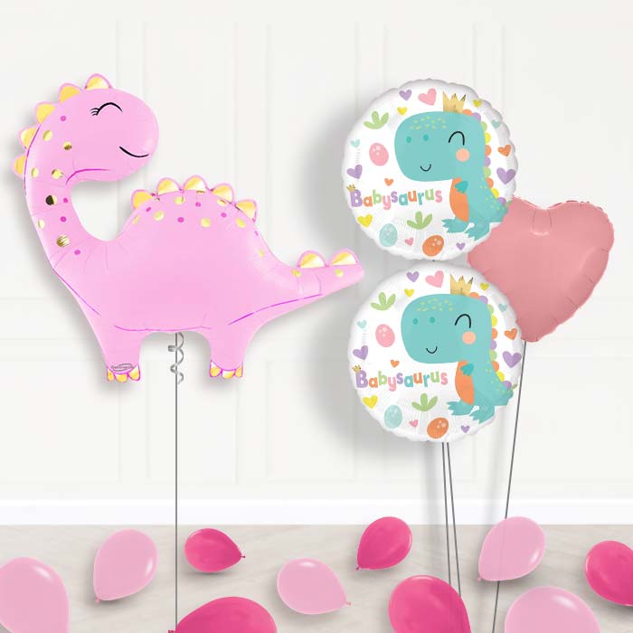 Pink Cute Dinosaur Balloon Bouquet Delivery-Giant Balloon + 2 Themed Balloons + 1 Plain Balloon + Mini Balloons