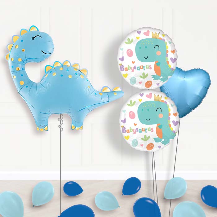 Cute Blue Dinosaur Balloon Bouquet Delivery-Giant Balloon + 2 Themed Balloons + 1 Plain Balloon + Mini Balloons