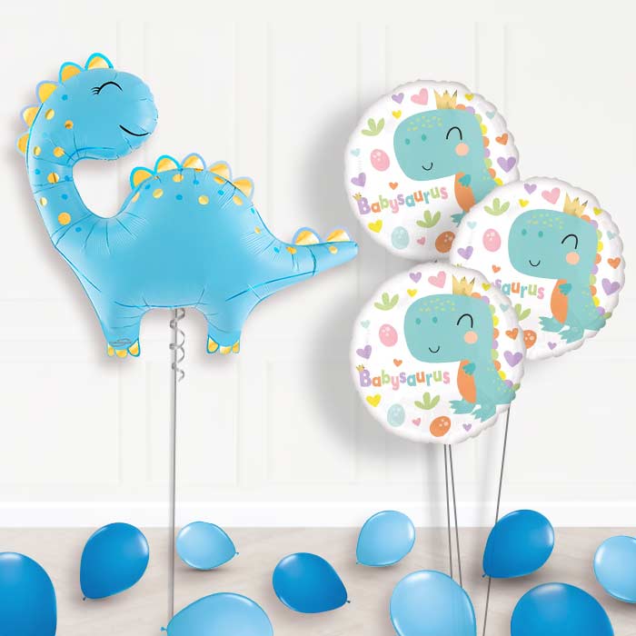 Cute Blue Dinosaur Balloon Bouquet Delivery - 1 x Giant Balloon with Themed Bouquet and Latex | Party Save Smile