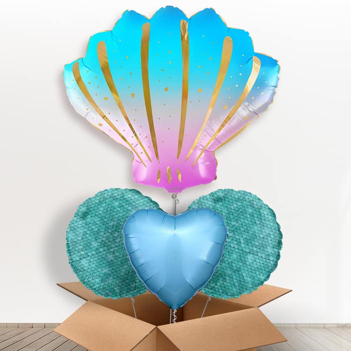 Iridescent Sea Shell Shaped Helium Balloon in a Box-1 x Giant Balloon and 2 Themed Balloons and 1 Plain Balloon