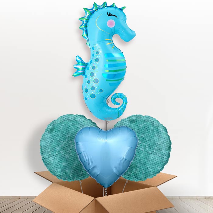 Iridescent Seahorse Helium Balloon in a Box-1 x Giant Balloon and 2 Themed Balloons and 1 Plain Balloon