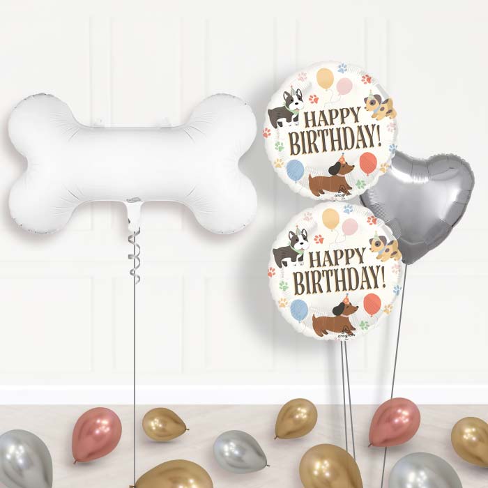 White Dog Bone Balloon Bouquet Delivery-Giant Balloon + 2 Themed Balloons + 1 Plain Balloon + Mini Balloons