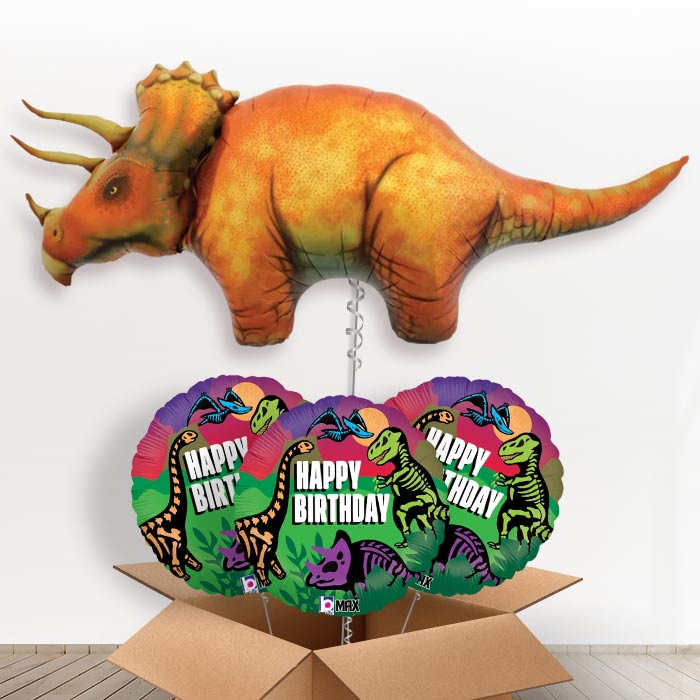 Triceratops Giant Dinosaur Helium Balloon in a Box - With 3 Themed Balloons | Party Save Smile