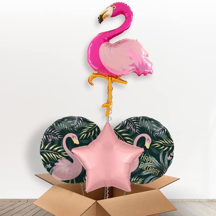 Shaped Flamingo Helium Balloon in a Box-Giant Balloon + 2 Themed Balloons + 1 Plain Balloon| Party Save Smile