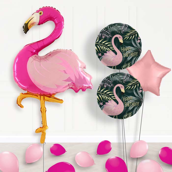 Flamingo Balloon Bouquet Delivery-Giant Balloon + 2 Themed Balloons + 1 Plain Balloon + Mini Balloons| Party Save Smile