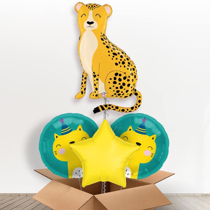 Giant Cheetah Helium Balloon in a Box-Giant Balloon + 2 Themed Balloons + 1 Plain Balloon| Party Save Smile