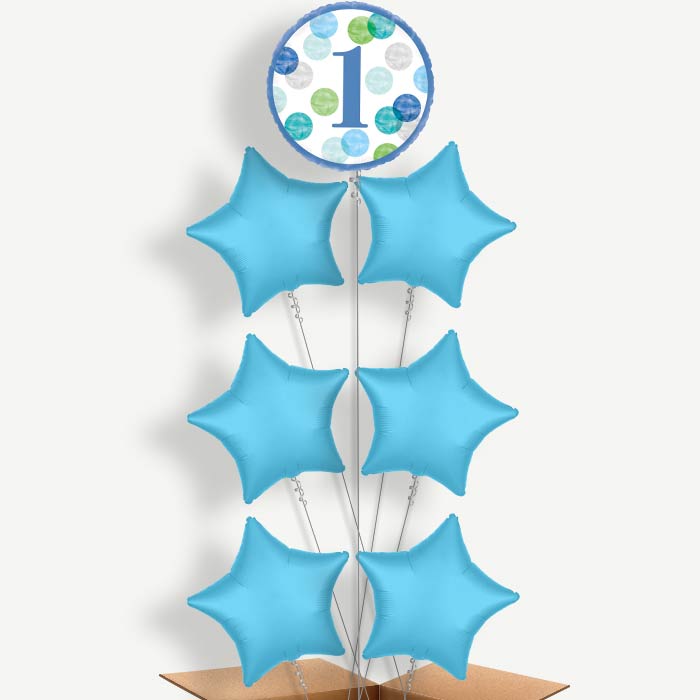 Blue Dots 1st Birthday Helium Balloon Arrangement | Party Save Smile