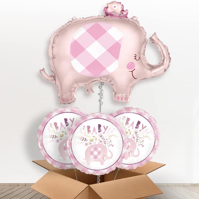 Gingham Pink Elephant Helium Balloon in a Box - With 3 Themed Balloons | Party Save Smile