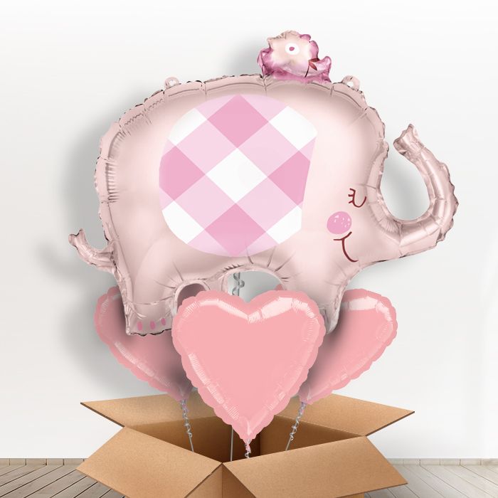 Gingham Pink Elephant Helium Balloon in a Box - With 3 Plain Balloons | Party Save Smile