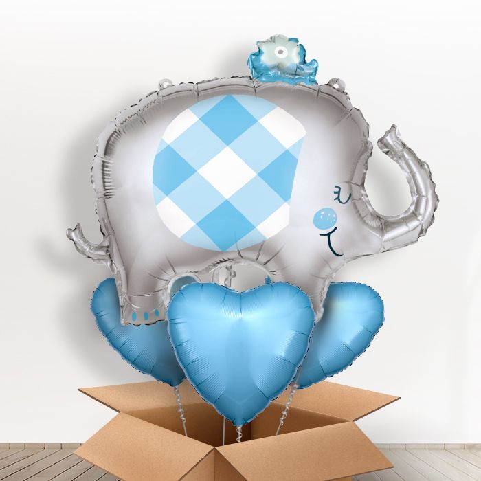 Blue Elephant Helium Balloons in a Box - With 3 Plain Balloons | Party Save Smile