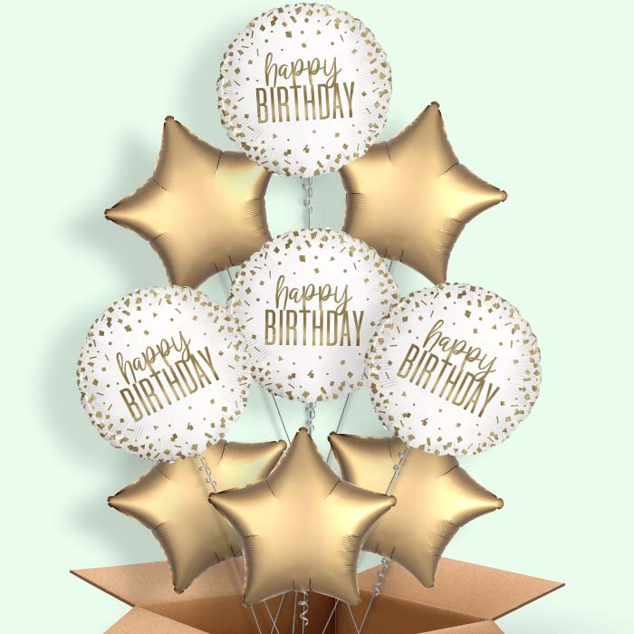 Confetti Gold Happy Birthday Balloon in a Box - 9 Balloons | Party Save Smile