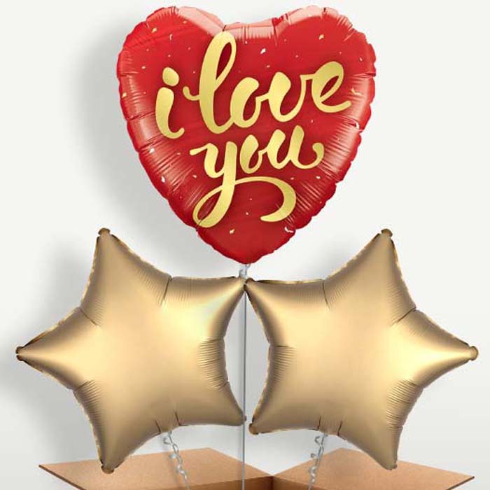 I Love You Gold Script Balloon Bunches inflated with Helium | Party Save Smile