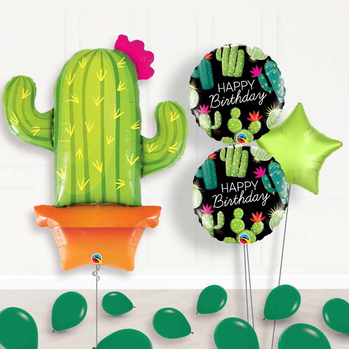 Cactus Helium Balloon Bouquet in a Box-Giant Balloon + 2 Themed Balloons + 1 Plain Balloon + Mini Balloons