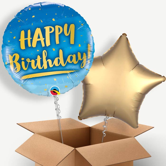 Blue and Gold Happy Birthday Helium Balloon Two | Party Save Smile