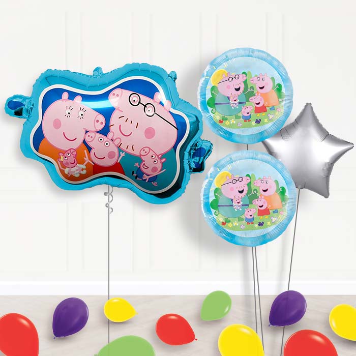 Peppa Family Balloon Bouquet Delivery | Giant Balloon + 2 Themed Balloons + 1 Plain Balloon + Mini Balloons | Party Save Smile