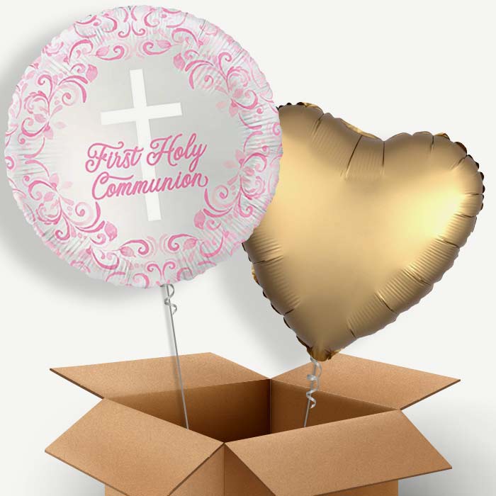 Pink Holy Cross First Communion Helium Balloon Two | Party Save Smile
