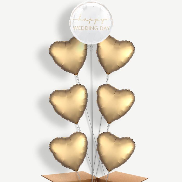 White & Gold Happy Wedding Day Helium Balloon Arrangement | Party Save Smile