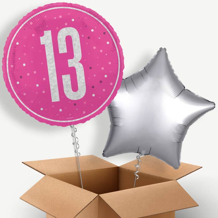 Hot Pink and Silver 13th Birthday Helium Balloon Pair | Party Save Smile