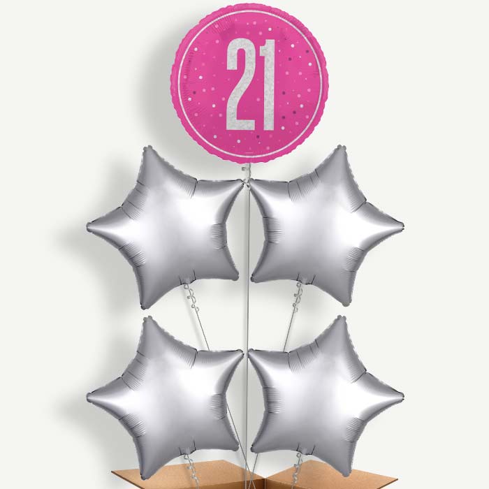 Hot Pink & Silver 21st Birthday Helium Cluster Balloons | Party Save Smile