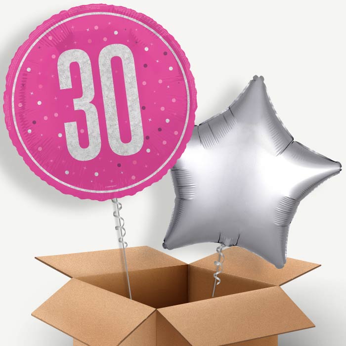 Hot Pink and Silver 30th Birthday Helium Balloon Pair | Party Save Smile