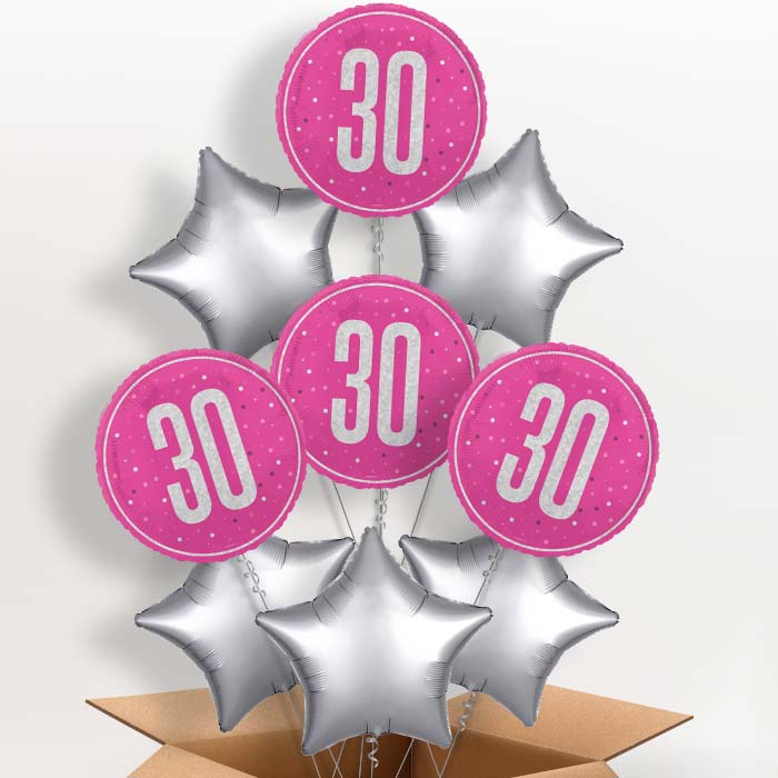 Hot Pink and Silver 30th Birthday Helium Balloon in a Box - 9 Balloon | Party Save Smile