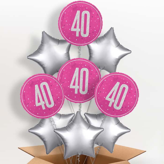 Hot Pink and Silver 40th Birthday Helium Balloon in a Box - 9 Balloon | Party Save Smile