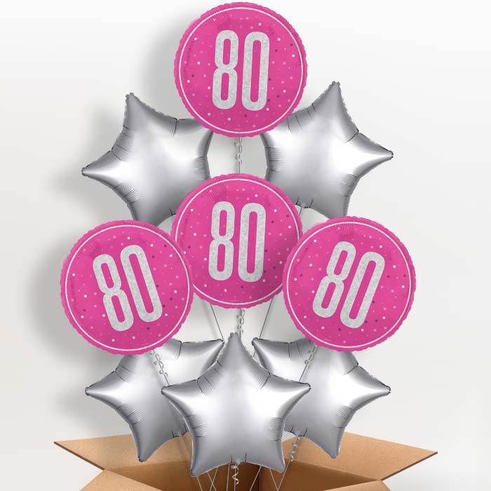 Hot Pink and Silver 80th Birthday Helium Balloon in a Box - 9 Balloon | Party Save Smile