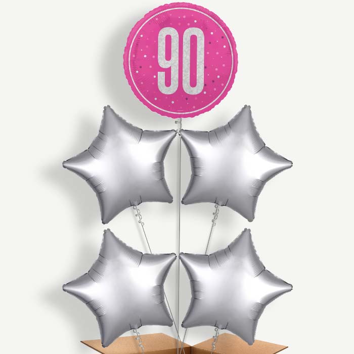 Hot Pink & Silver 90th Birthday Helium Cluster Balloons | Party Save Smile