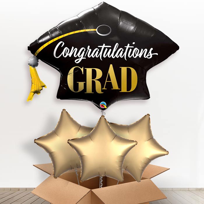 Congratulation Graduation Cap Helium Balloons in a Box - With 3 Plain Balloons | Party Save Smile
