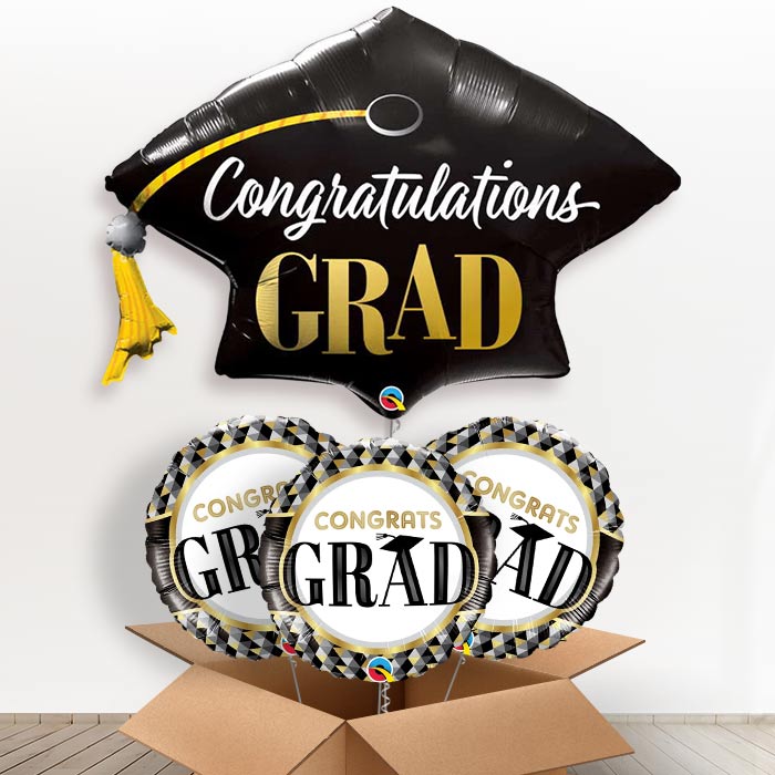 Congratulation Graduation Cap Helium Balloons in a Box - With 3 Themed Balloons | Party Save Smile