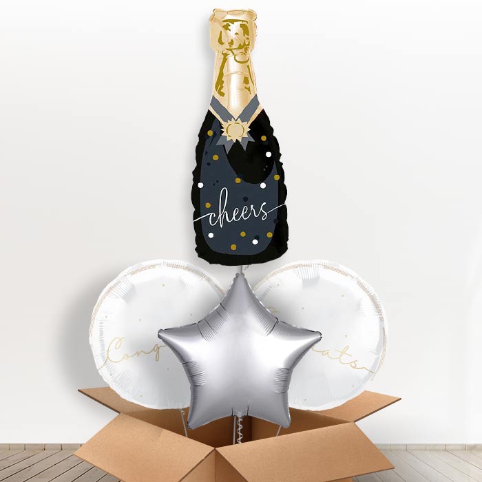 Cheers Black and Gold Bottle of Fizz Giant Helium Balloon in a Box | Giant Balloon + 2 Themed Balloons + 1 Plain Balloon | Party Save Smile